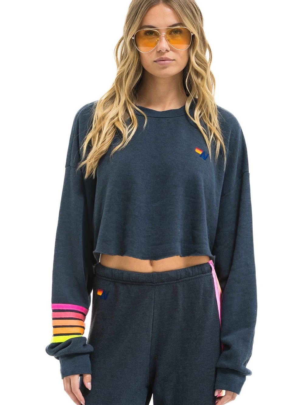 Aviator Nation Rugby Stitch Cropped Crew Sweatshirt – Charcoal // Neon - Picture 2 of 4